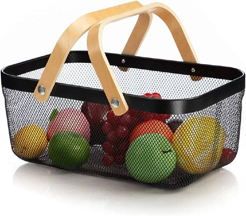 Panier à fruits en métal noir avec des poignées en bois سلة فاكهة معدنية سوداء بمقابض خشبية