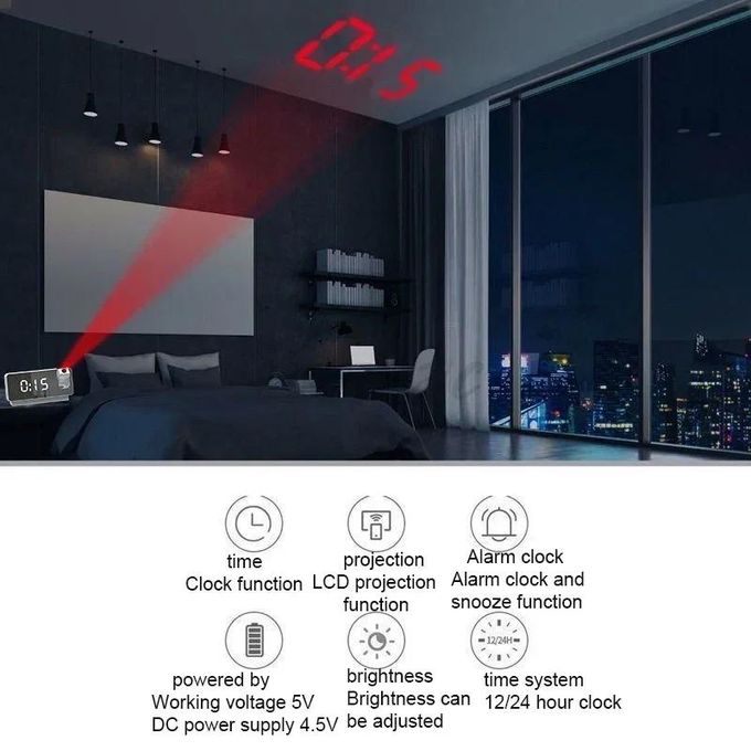 ساعة منبه رقمية بتقنية LED وخاصية العرض الضوئي Réveil numérique LED à projection avec un grand écran miroir