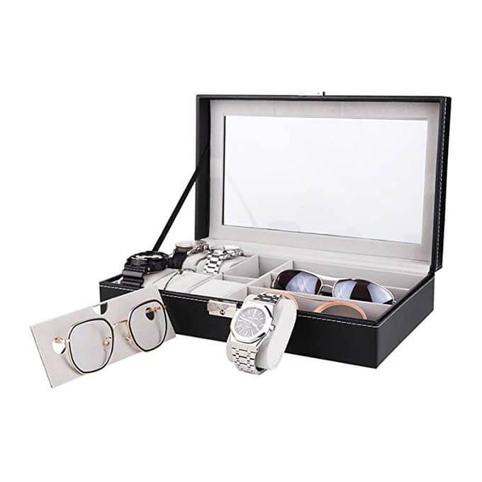 صندوق جلدي للساعات والنظارات، ومنظم نظارات بغطاء زجاجي Coffret en cuir pour montres et lunettes