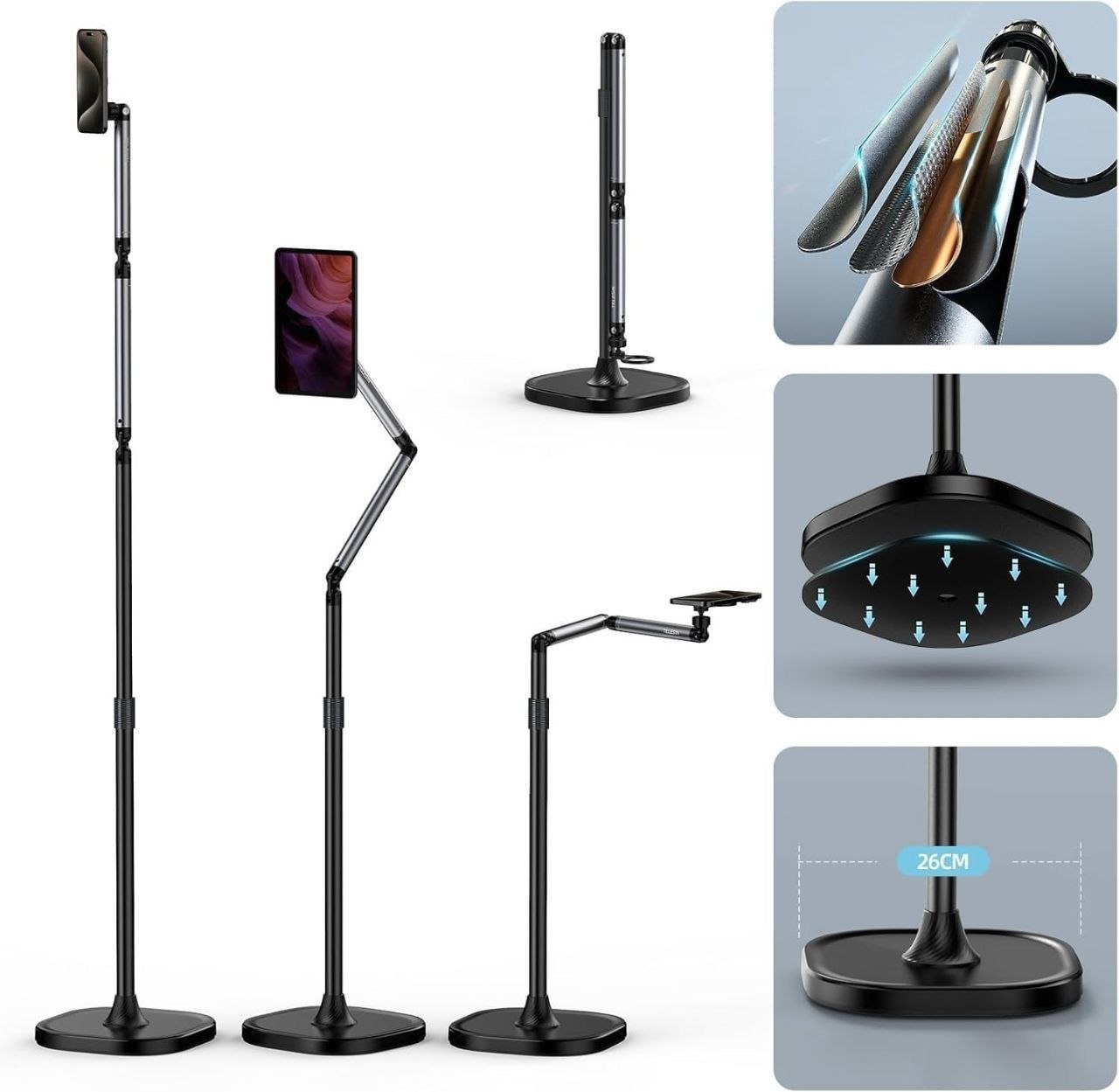 Support de sol pliable en alliage d'aluminium P76L pour iPad, tablette et téléphone portable حامل أرضي قابل للطي مصنوع من سبائك الألومنيوم P76L لأجهزة iPad والتابلت والهواتف المحمولة