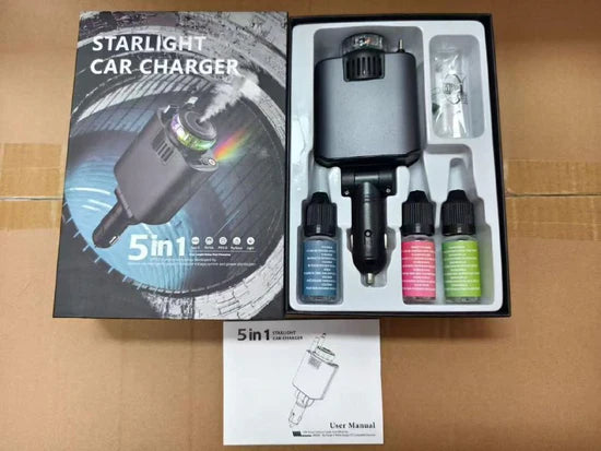 Chargeur de Voiture 5-en-1 Starlight Rétractable Diffuseur d’Arôme Intégré