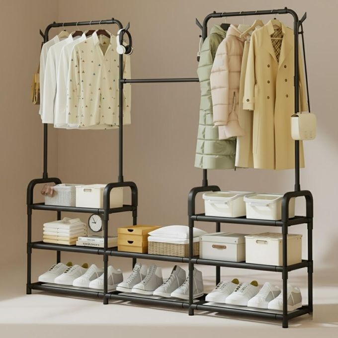 رف ملابس مزدوج قائم بذاته مع أرفف Multi Functional Coat Rack Portant à Vêtements Sur Pied Double et Étagères