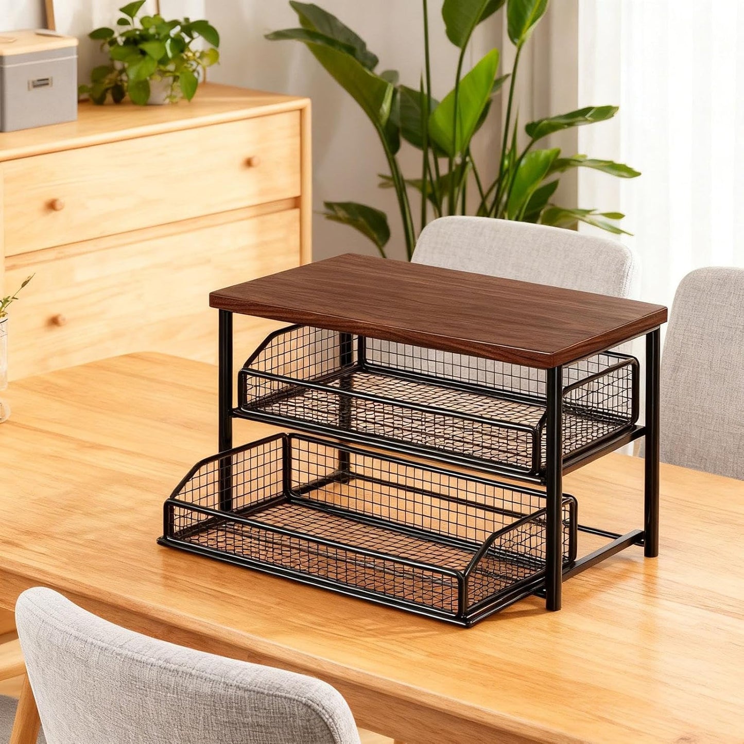 Organisateur de Station Café 2 Étages avec Tiroir, Étagère de Comptoir en Métal et Bois منظم محطة قهوة من طبقتين مع درج، ورف معدني وخشبي لسطح الطاولة