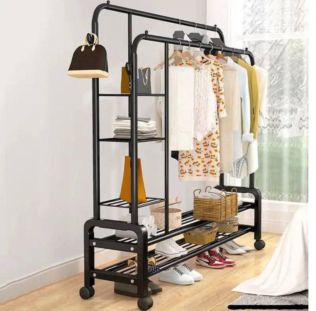 رف ملابس مزدوج بعجلات مع أرفف وخطافات 68Kg Porte-vêtements Double Barre sur Roues avec Étagères et Crochets