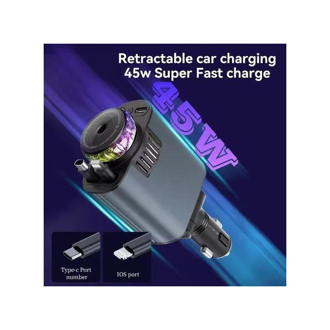 شاحن سيارة مع كابلات قابلة للسحب ناشر الزيوت الأساسية وإضاءة النجوم Chargeur de Voiture 45W 5-en-1 avec Câbles Rétractables, PD 30W, Diffuseur d’Huiles Essentielles et Lumière Starlight