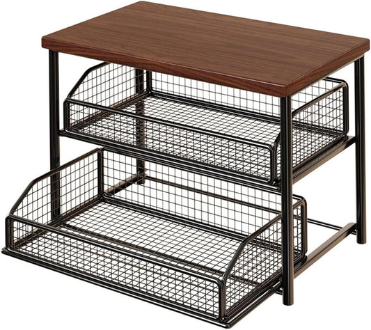 Organisateur de Station Café 2 Étages avec Tiroir, Étagère de Comptoir en Métal et Bois منظم محطة قهوة من طبقتين مع درج، ورف معدني وخشبي لسطح الطاولة