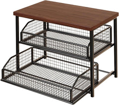 Organisateur de Station Café 2 Étages avec Tiroir, Étagère de Comptoir en Métal et Bois منظم محطة قهوة من طبقتين مع درج، ورف معدني وخشبي لسطح الطاولة
