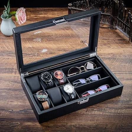 صندوق جلدي للساعات والنظارات، ومنظم نظارات بغطاء زجاجي Coffret en cuir pour montres et lunettes