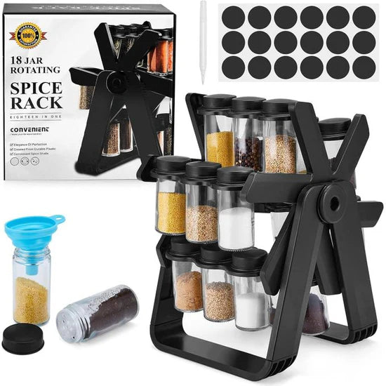 رف توابل دوار للمطبخ، برج توابل دوار 18 في 1، حامل عرض توابل زجاجي Étagère à épices rotative pour cuisine, Tour à épices rotative 18 en 1