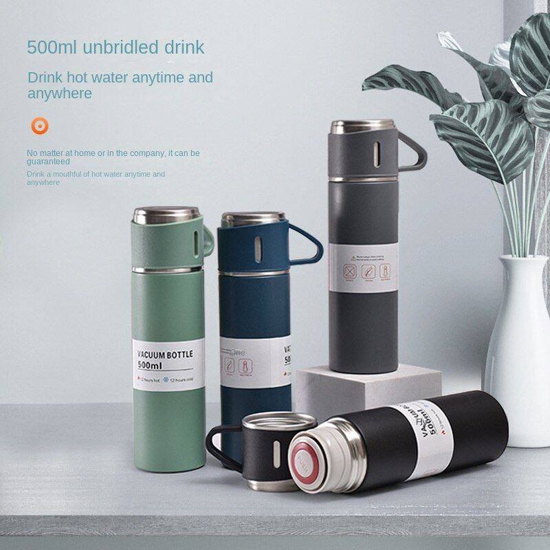 Thermos à double couche 500ml, en acier inoxydable, avec 3 tasse