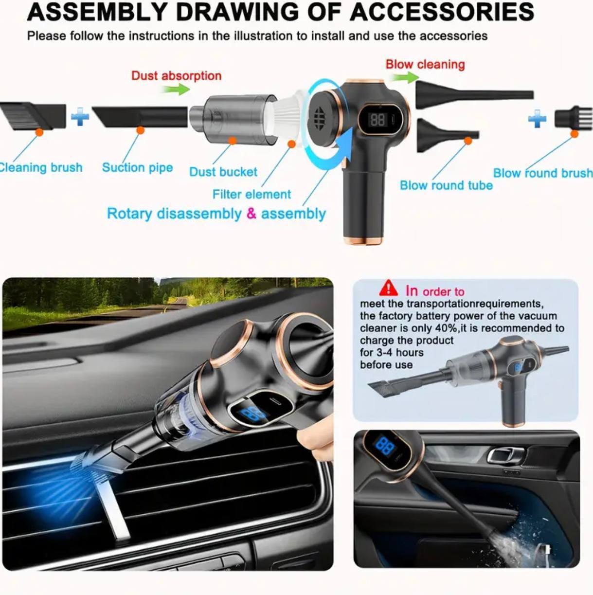 مكنسة كهربائية محمولة لاسلكية Aspirateur portable sans fil, mini aspirateur de voiture, nettoyeur rechargeable pour voitures