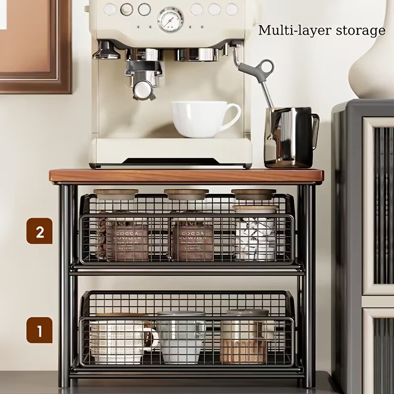 Organisateur de Station Café 2 Étages avec Tiroir, Étagère de Comptoir en Métal et Bois منظم محطة قهوة من طبقتين مع درج، ورف معدني وخشبي لسطح الطاولة