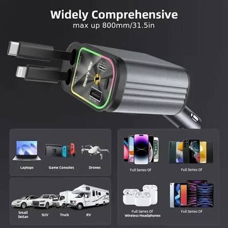 Charge rapide auto multifonction 4-en-1 avec câbles rétractables