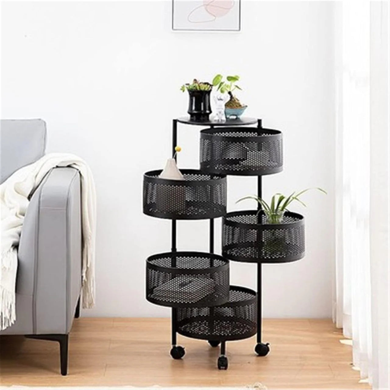 رف مطبخ دوار متعدد الطبقات سلة تخزين أسطوانية 360 درجة Etagère de Cuisine Rotative Multi-Couches Panier de Rangement Cylindrique