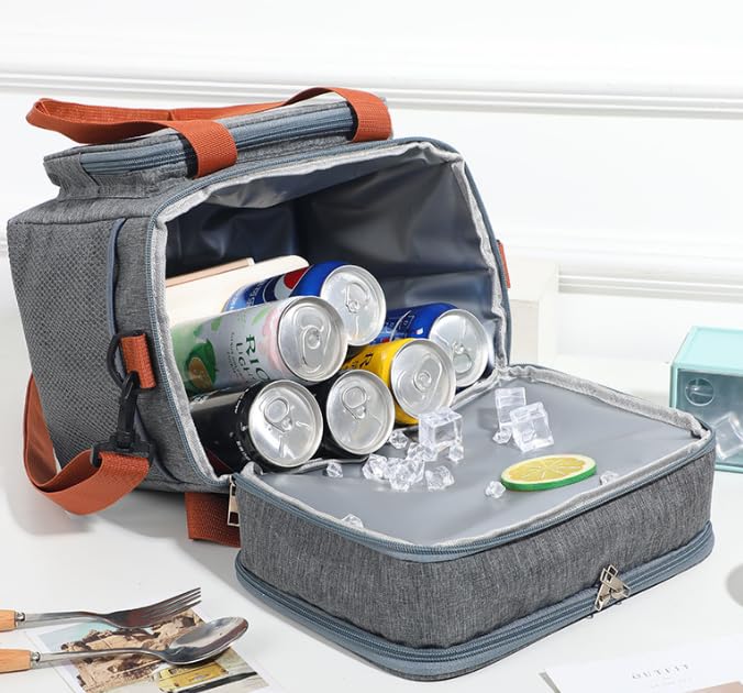 Sac isotherme à double compartiment pour repas, idéal pour les sorties حقيبة حرارية للوجبات بجيبيْن منفصلين، مثالية للنزهات والسفر.