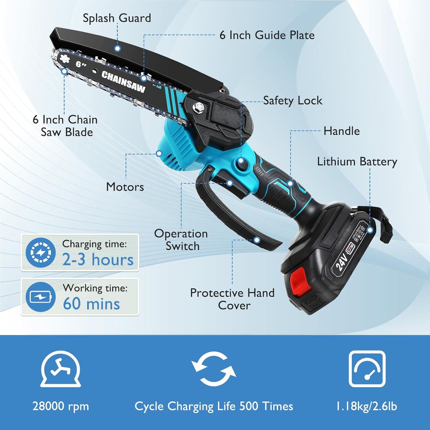 منشار كهربائي لاسلكي، منشار يدوي صغير، محرك بدون فرشاة 800W Mini Tronconneuse a Batterie 6 Pouces Tronçonneuse sans fil, mini scie portative