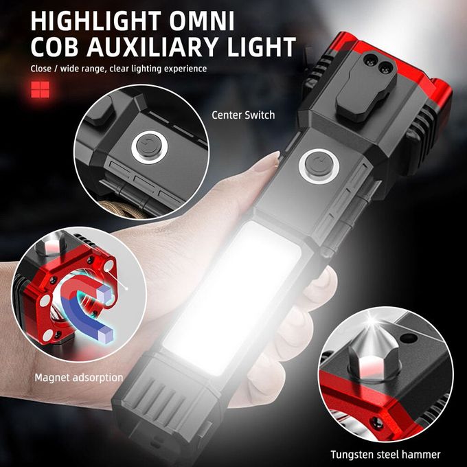 مصباح يدوي LED فائق السطوع مع مطرقة أمان وشحن عبر USB Lampe de poche LED super lumineuse avec marteau de sécurité, chargement
