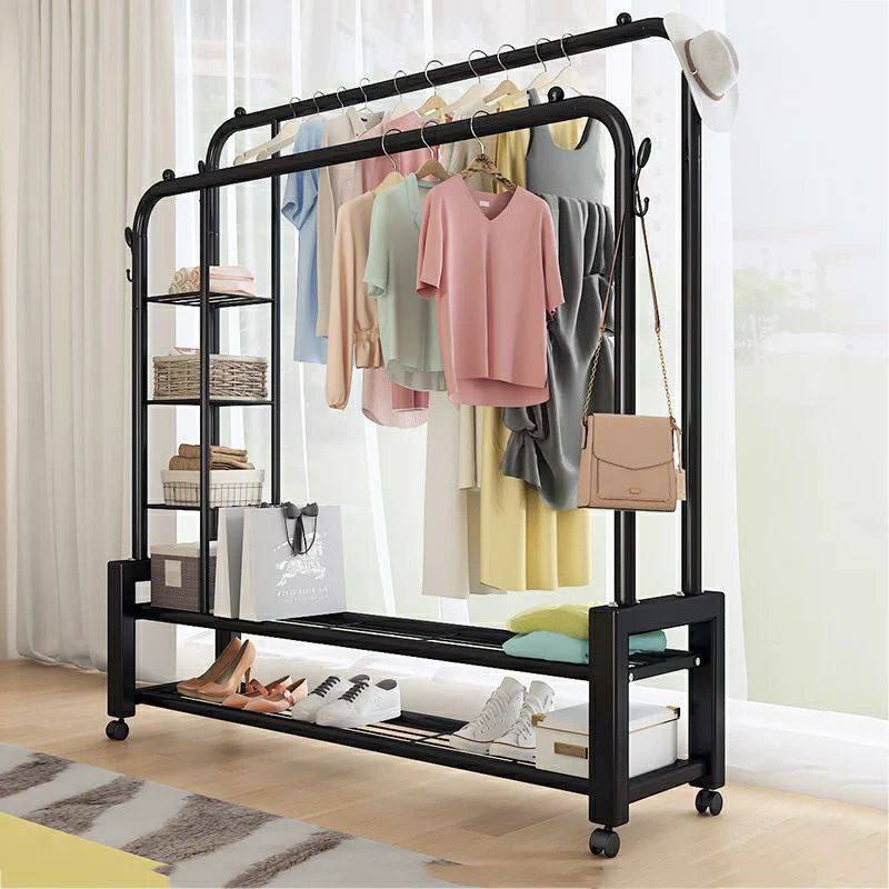 رف ملابس مزدوج بعجلات مع أرفف وخطافات 68Kg Porte-vêtements Double Barre sur Roues avec Étagères et Crochets