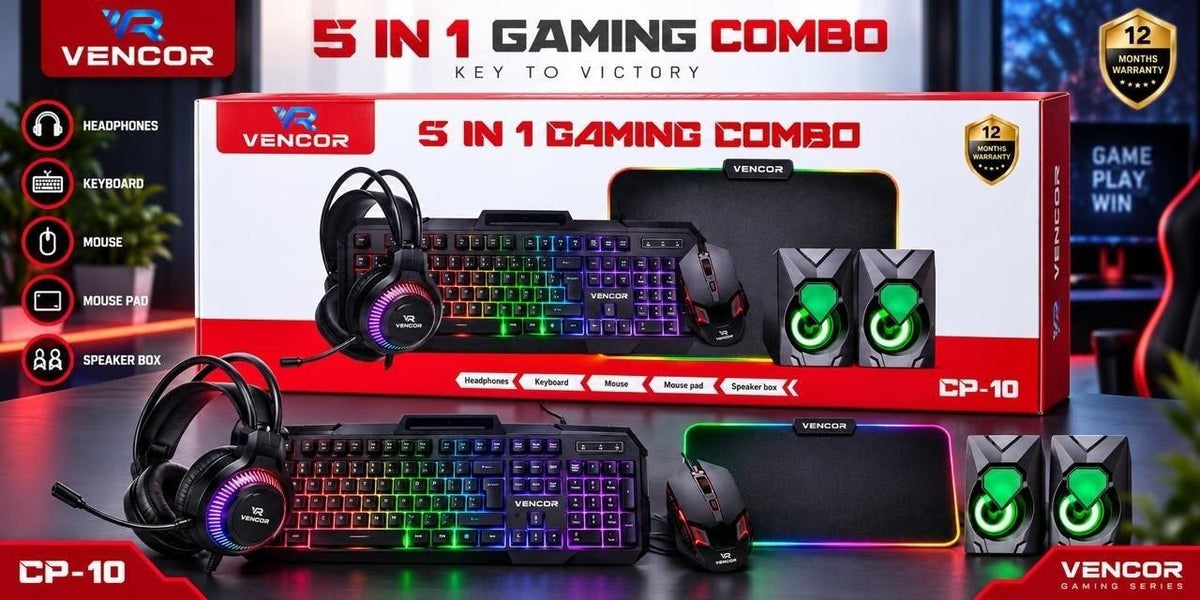 مجموعة ألعاب Vencor Pack Gaming Combo 5en1 Ensemble Complet Filaire Clavier LED, Souris Optique, Casque Audio et Tapis de Souris