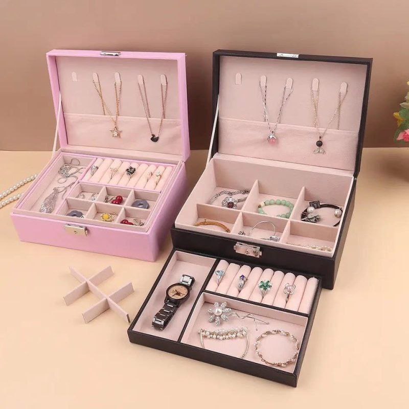 Boîte à Bijoux Élégante à Double Étage Coffret de Rangement  حقيبة تخزين منظمة مع قفل للخواتم والقلائد والأساور صندوق مجوهرات