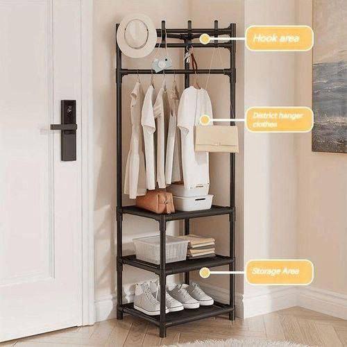 Portant à vêtements métallique multifonctionnel avec étagères de rangement pour chaussures et accessoires رف ملابس معدني متعدد الوظائف مزود بأرفف تخزين للأحذية والإكسسوارات
