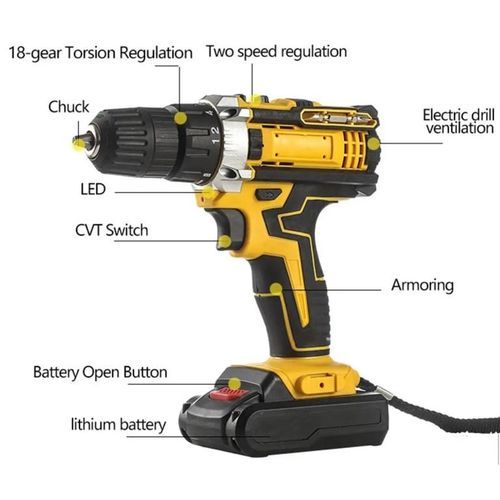 Perceuse sans fil 21V avec double batterie rechargeable مثقاب لاسلكي 21 فولت مع بطارية مزدوجة قابلة لإعادة الشحن