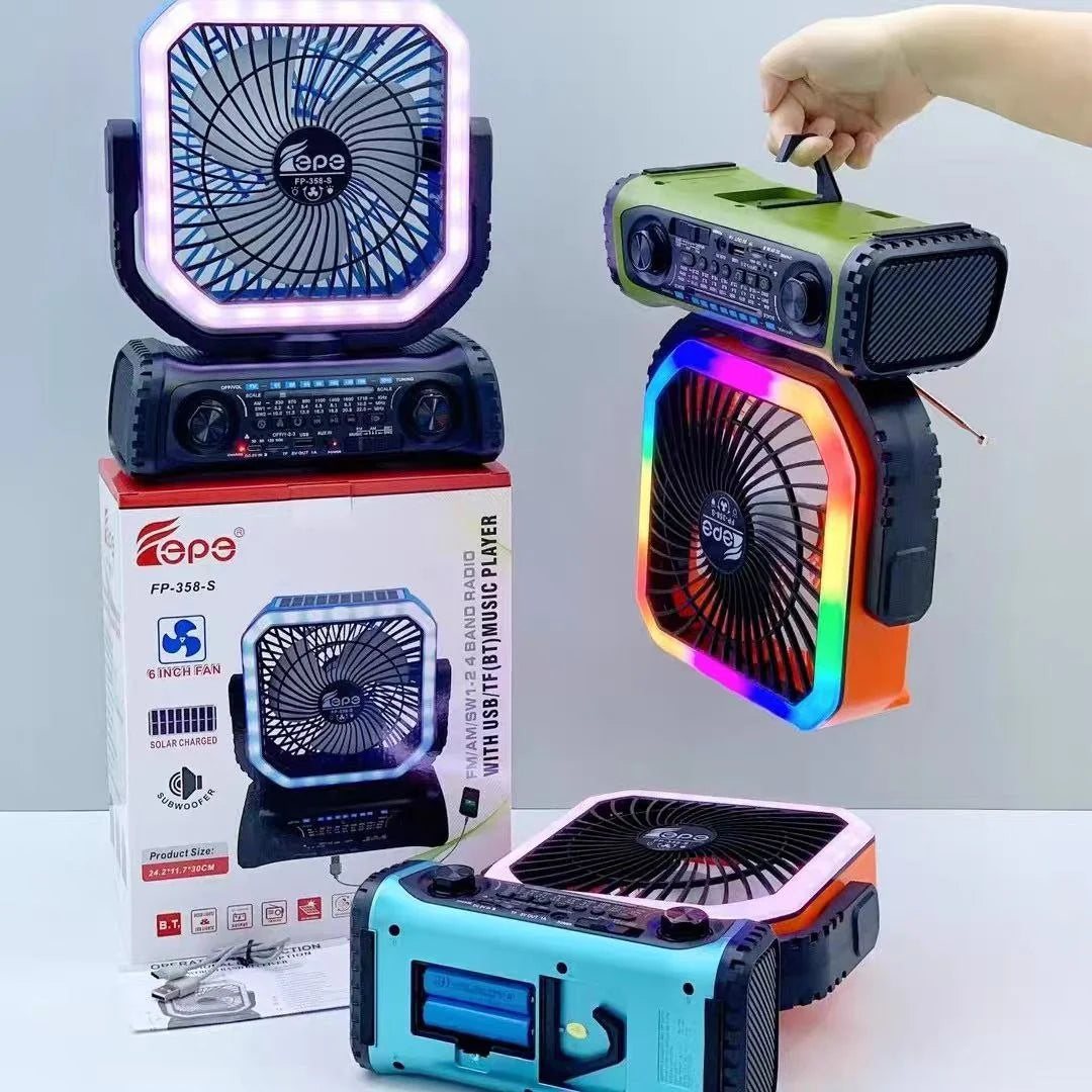 Solar Powered Camping Fan FP-358-S Ventilateur de camping multifonctionnelle portable مروحة تخييم محمولة متعددة الوظائف مزودة بمكبر صوت لاسلكي بتقنية البلوتوث ومصباح LED