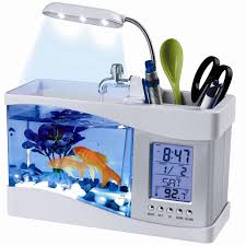 حوض أسماك زجاجي صغير USB مع مصباح LED بمؤقت LCD Mini Aquarium de poisson en verre