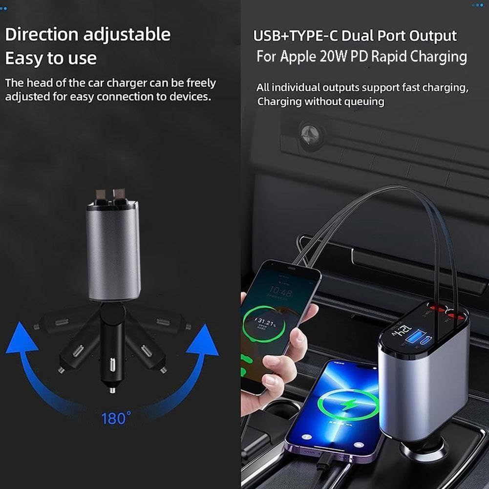 Charge rapide auto multifonction 4-en-1 avec câbles rétractables