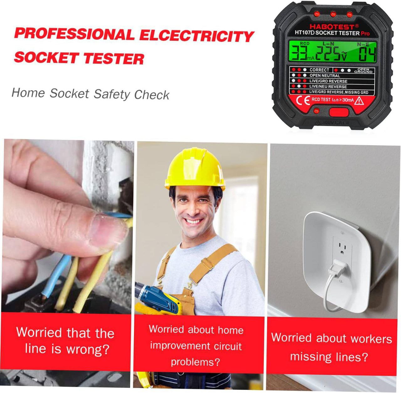 Testeur de prises HT106 HT107 Pro Test de tension Détecteur de prises جهاز اختبار المقابس