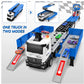 Transformateur de camion transporteur avec feux clignotants et piste de course شاحنة متحولة مع أضواء وامضة ومسار سباق يعمل بالبطارية مع 8 سيارات يتم التحكم فيها عن بعد