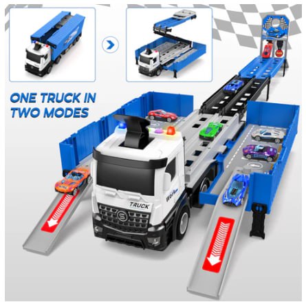 Transformateur de camion transporteur avec feux clignotants et piste de course شاحنة متحولة مع أضواء وامضة ومسار سباق يعمل بالبطارية مع 8 سيارات يتم التحكم فيها عن بعد