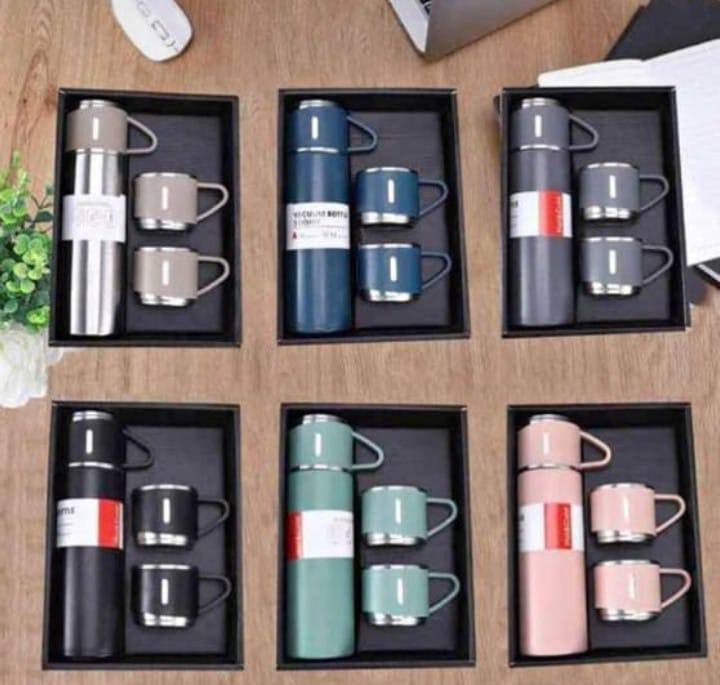Thermos à double couche 500ml, en acier inoxydable, avec 3 tasse