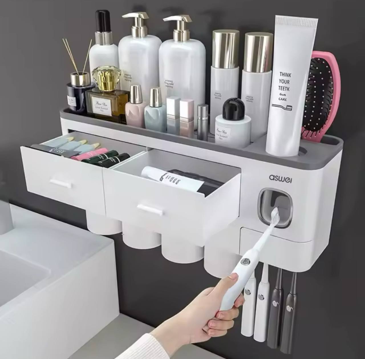 حامل فرشاة أسنان جداري بأربعة أكواب Porte-brosse à dents magnétique mural, distributeur automatique de dentifrice