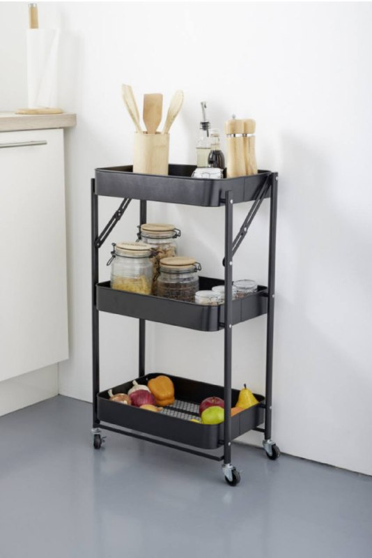 عربة تخزين معدنية سوداء قابلة للطي بثلاثة أرفف وعجلات Chariot de rangement pliable en métal noir à 3 niveaux avec des roulettes