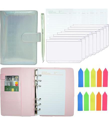 Classeur A6 Rechargeable en Cuir Synthétique à 6 Anneaux pour Papier et Enveloppes Budgétaires