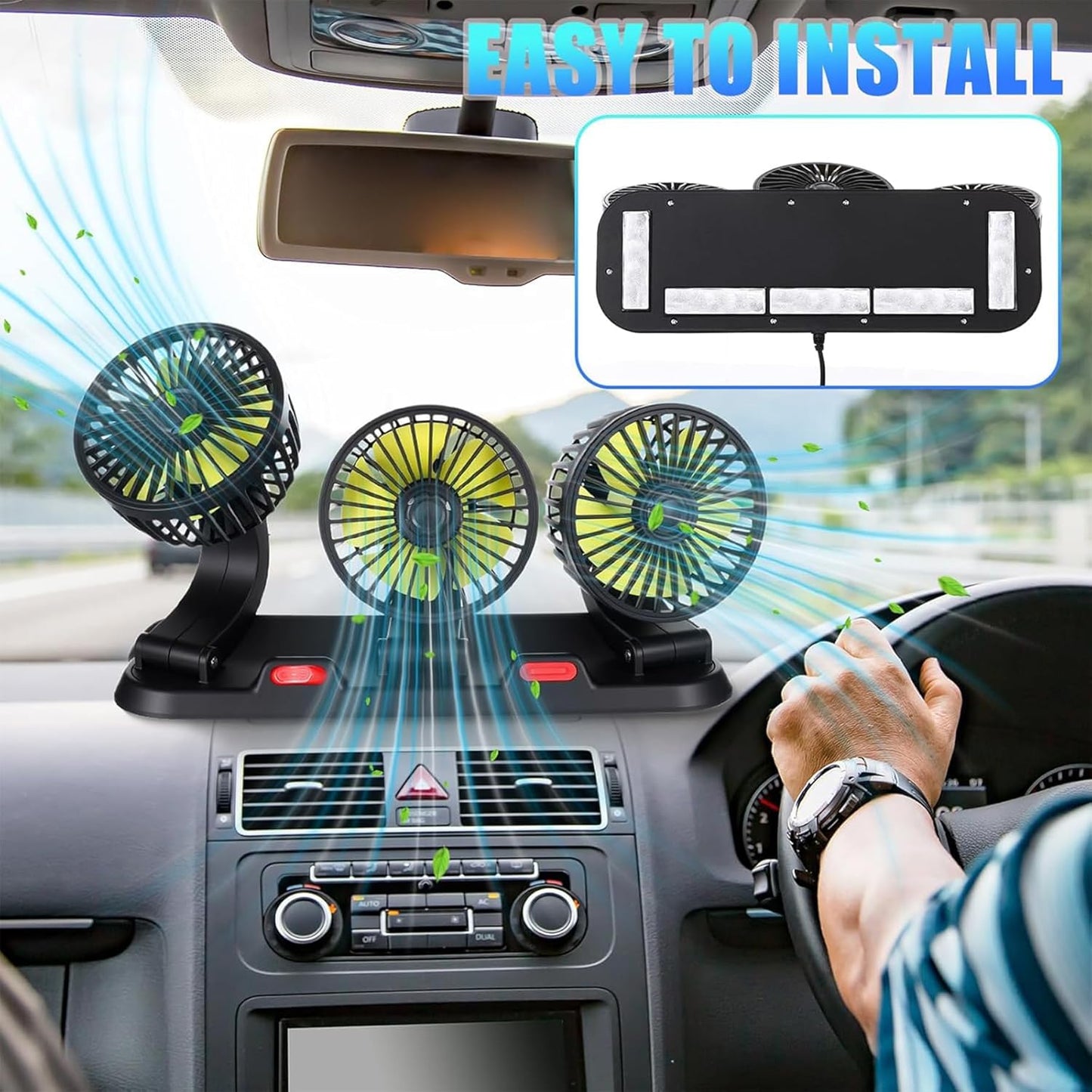مروحة سيارة بثلاثة رؤوس، تبريد دوار تلقائي Ventilateur de Voiture à Trois Têtes