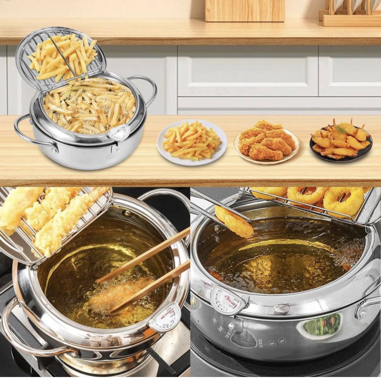 poêle à tempura japonaise قدر قلي عميق للمطبخ مع ميزان حرارة وغطاء، مقلاة من الفولاذ المقاوم للصدأ، مقلاة تمبورا يابانية