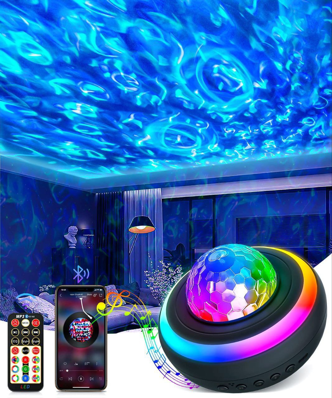 Projecteur étoilé LED Lumière galaxie Laser Boule disco Enceinte Bluetooth Lampe LEDجهاز عرض النجوم، ضوء LED، ضوء ليزر المجرة، كرة ديسكو، مكبر صوت بلوتوث، مصباح LED للحفلات