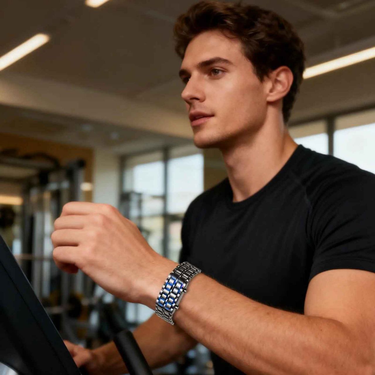 Montre-bracelet numérique en métal noir pour hommes et garçons ساعة يد رقمية معدنية سوداء للرجال والأولاد