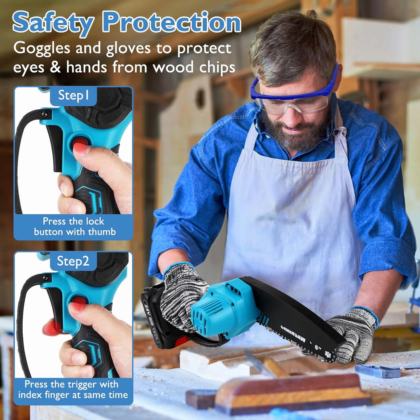 منشار كهربائي لاسلكي، منشار يدوي صغير، محرك بدون فرشاة 800W Mini Tronconneuse a Batterie 6 Pouces Tronçonneuse sans fil, mini scie portative