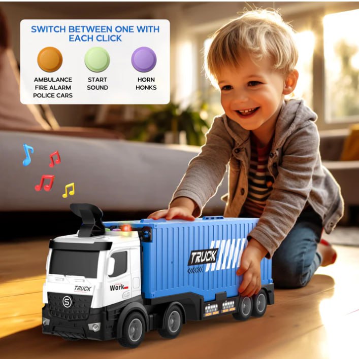 Transformateur de camion transporteur avec feux clignotants et piste de course شاحنة متحولة مع أضواء وامضة ومسار سباق يعمل بالبطارية مع 8 سيارات يتم التحكم فيها عن بعد