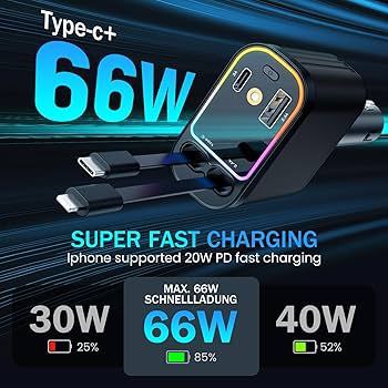 Charge rapide auto multifonction 4-en-1 avec câbles rétractables