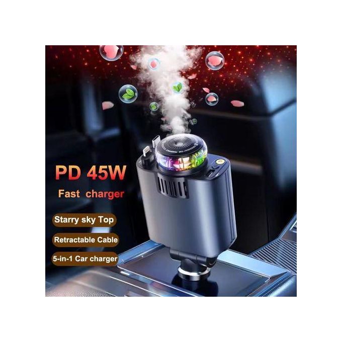 شاحن سيارة مع كابلات قابلة للسحب ناشر الزيوت الأساسية وإضاءة النجوم Chargeur de Voiture 45W 5-en-1 avec Câbles Rétractables, PD 30W, Diffuseur d’Huiles Essentielles et Lumière Starlight