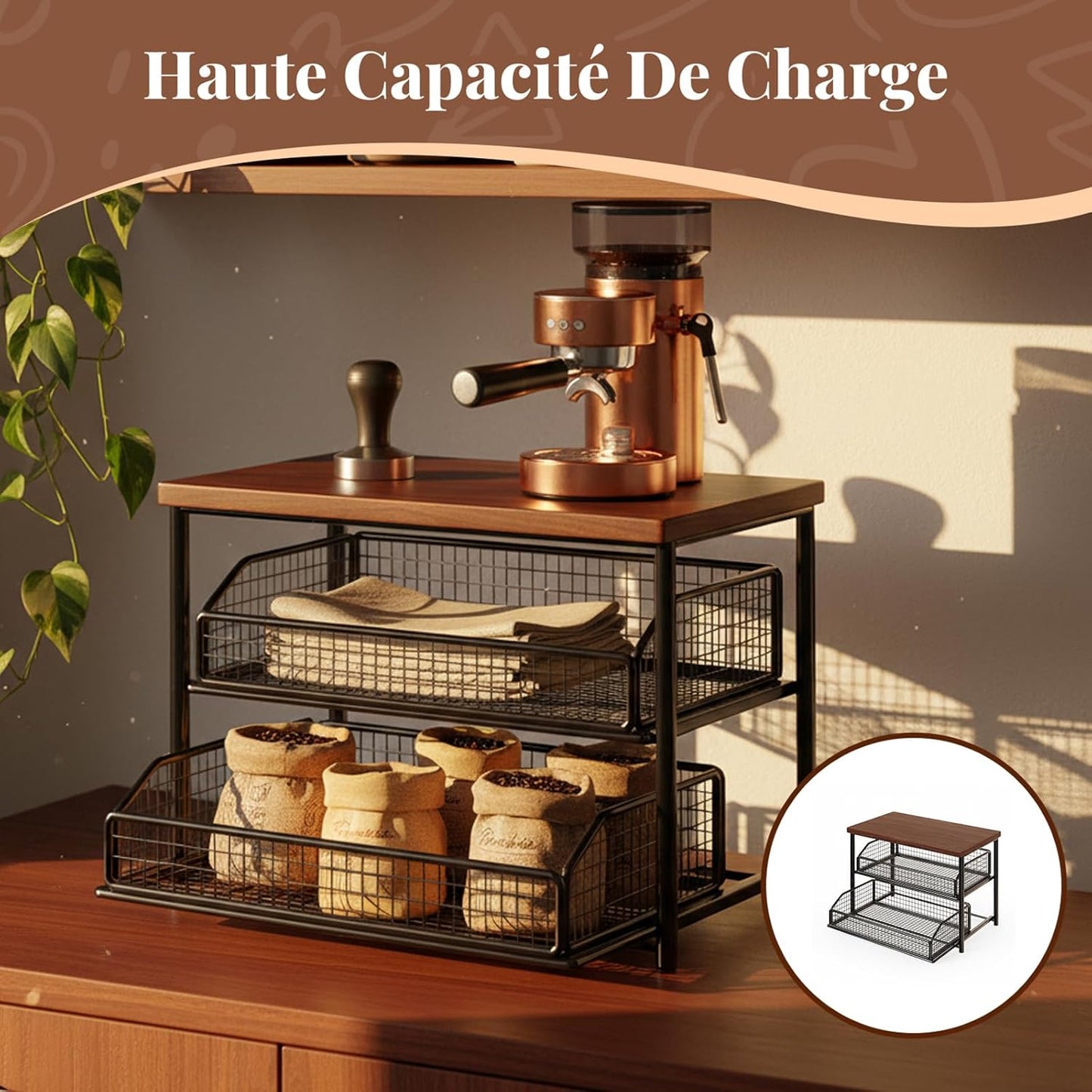 Organisateur de Station Café 2 Étages avec Tiroir, Étagère de Comptoir en Métal et Bois منظم محطة قهوة من طبقتين مع درج، ورف معدني وخشبي لسطح الطاولة