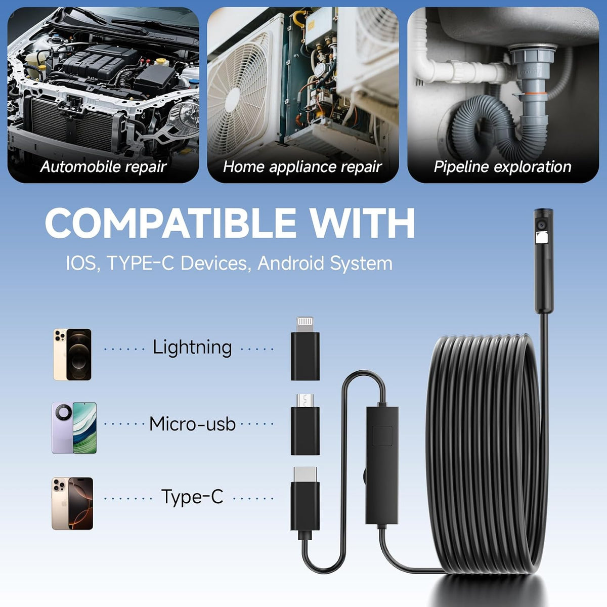 منظار داخلي بدقة 1920P HD مع إضاءة LED، كاميرا فحص Endoscope HD 1920P avec éclairage LED, caméra d'inspection sans WiFi