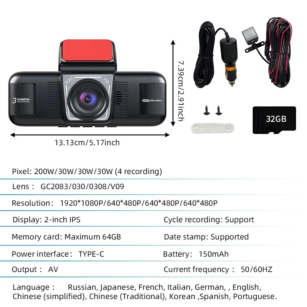 كاميرا سيارة 4 عدسات Caméra Automobile 4 Lenses 1080P avec Écran IPS 2.0