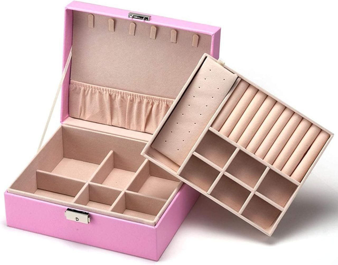 Boîte à Bijoux Élégante à Double Étage Coffret de Rangement  حقيبة تخزين منظمة مع قفل للخواتم والقلائد والأساور صندوق مجوهرات