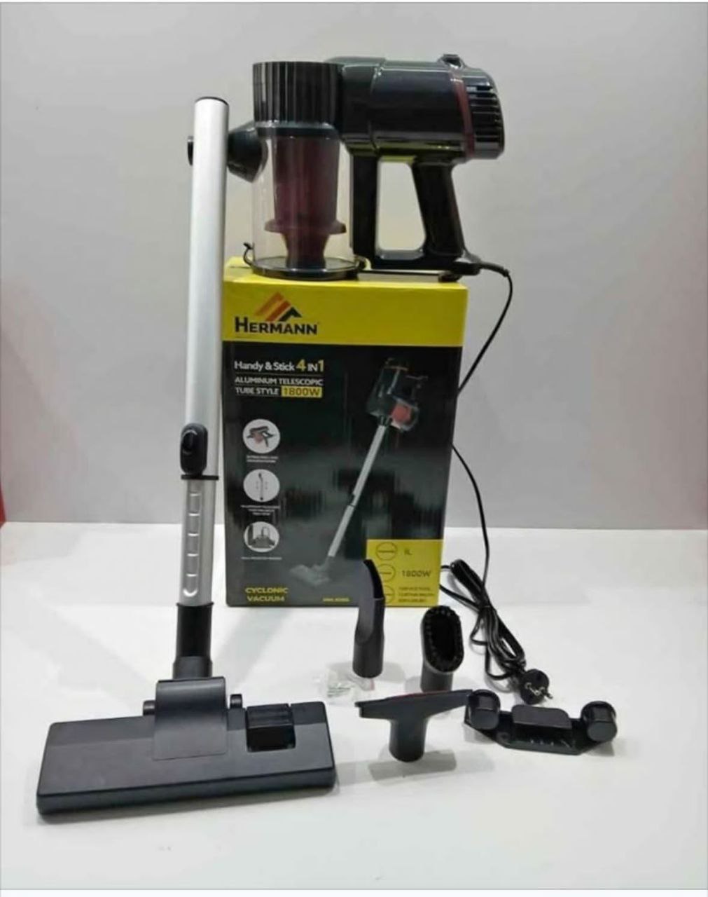 HERMANN Cyclonic vacuum Handy and stick 4in مكنسة كهربائية إعصارية 4 في 1، أنبوب تلسكوبي من الألومنيوم، 1800 واط