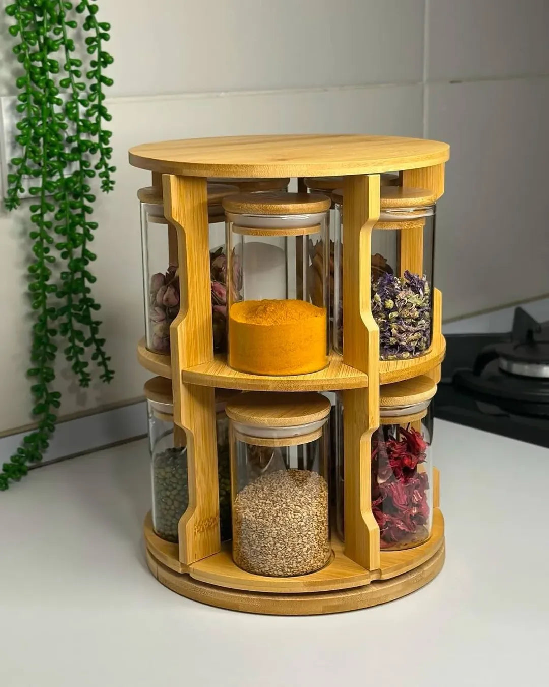 Étagère à Épices Rotative 360° en Bois et 10 Bocaux رف توابل خشبي دوار 360 درجة مع 10 برطمانات